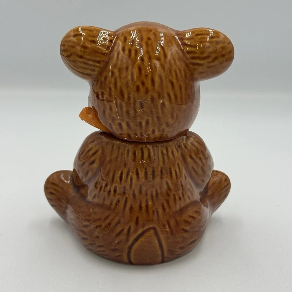 Vintage Brown Ceramic Teddy Bear Honey Pot Jar‎ with Dipper